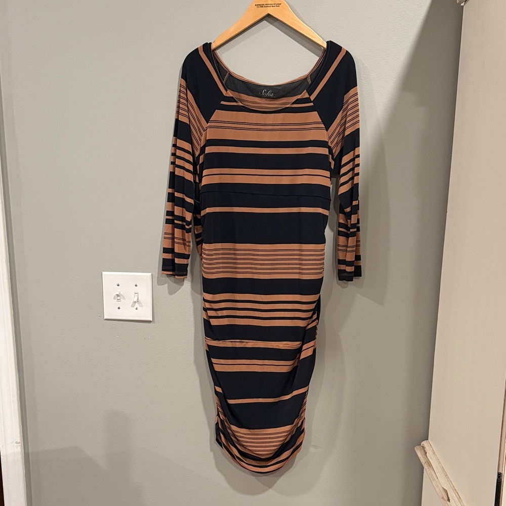 Sofía Vergara Navy and Tan Striped Long Sleeve Dress